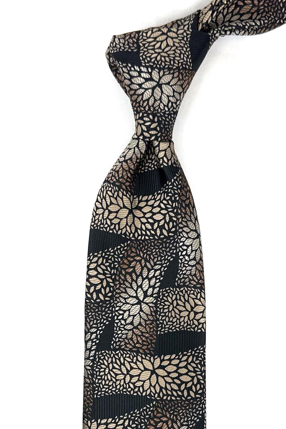 Siyah - Kahve Motif Desen Mendilli Klasik Kravat KK12057