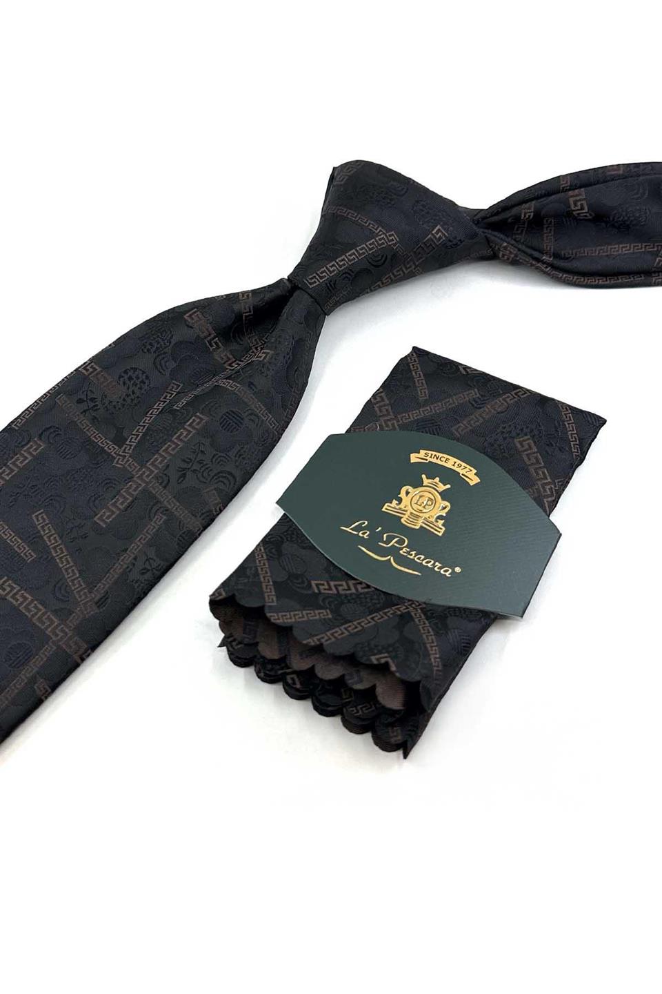Siyah - Kahve Motif Desen Mendilli Klasik Kravat KK13312