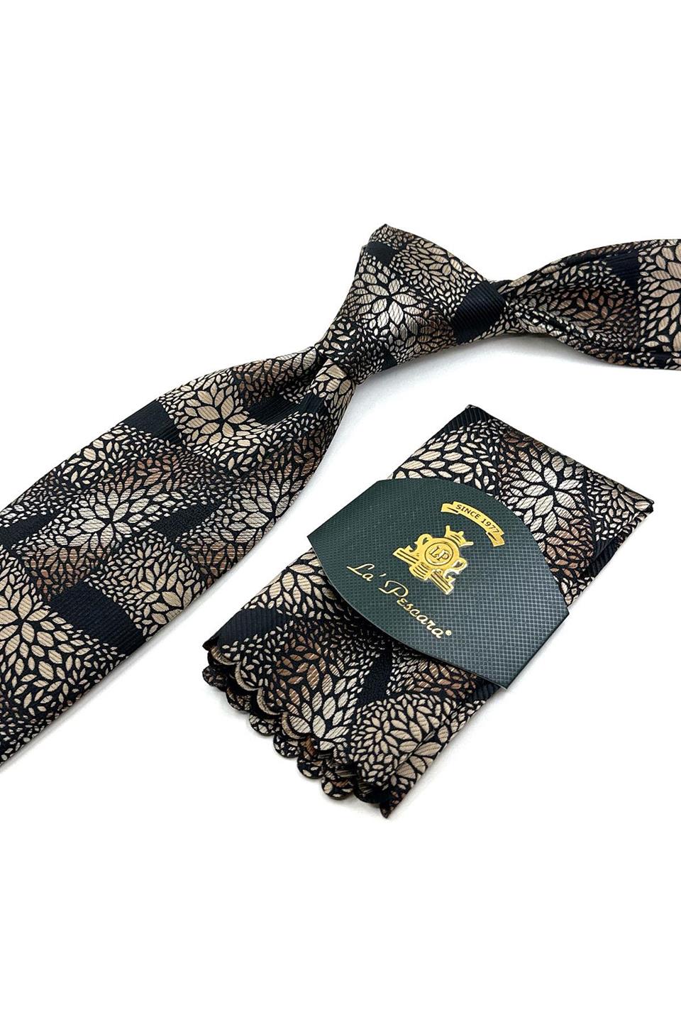 Siyah - Kahve Motif Desen Mendilli Klasik Kravat KK12057