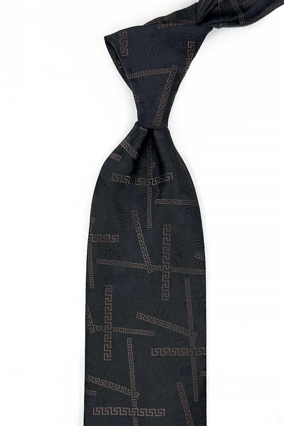 Siyah - Kahve Motif Desen Mendilli Klasik Kravat KK13312