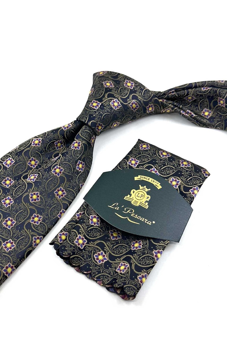 Siyah Kahve Motif Desen Mendilli Klasik Kravat KK13885