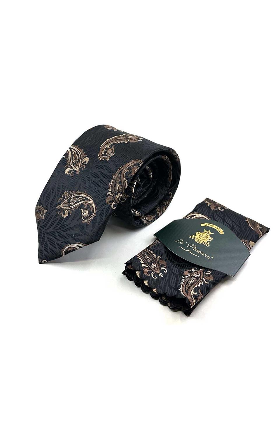 Siyah - Kahve Şal Desen Mendilli Klasik Kravat KK13304