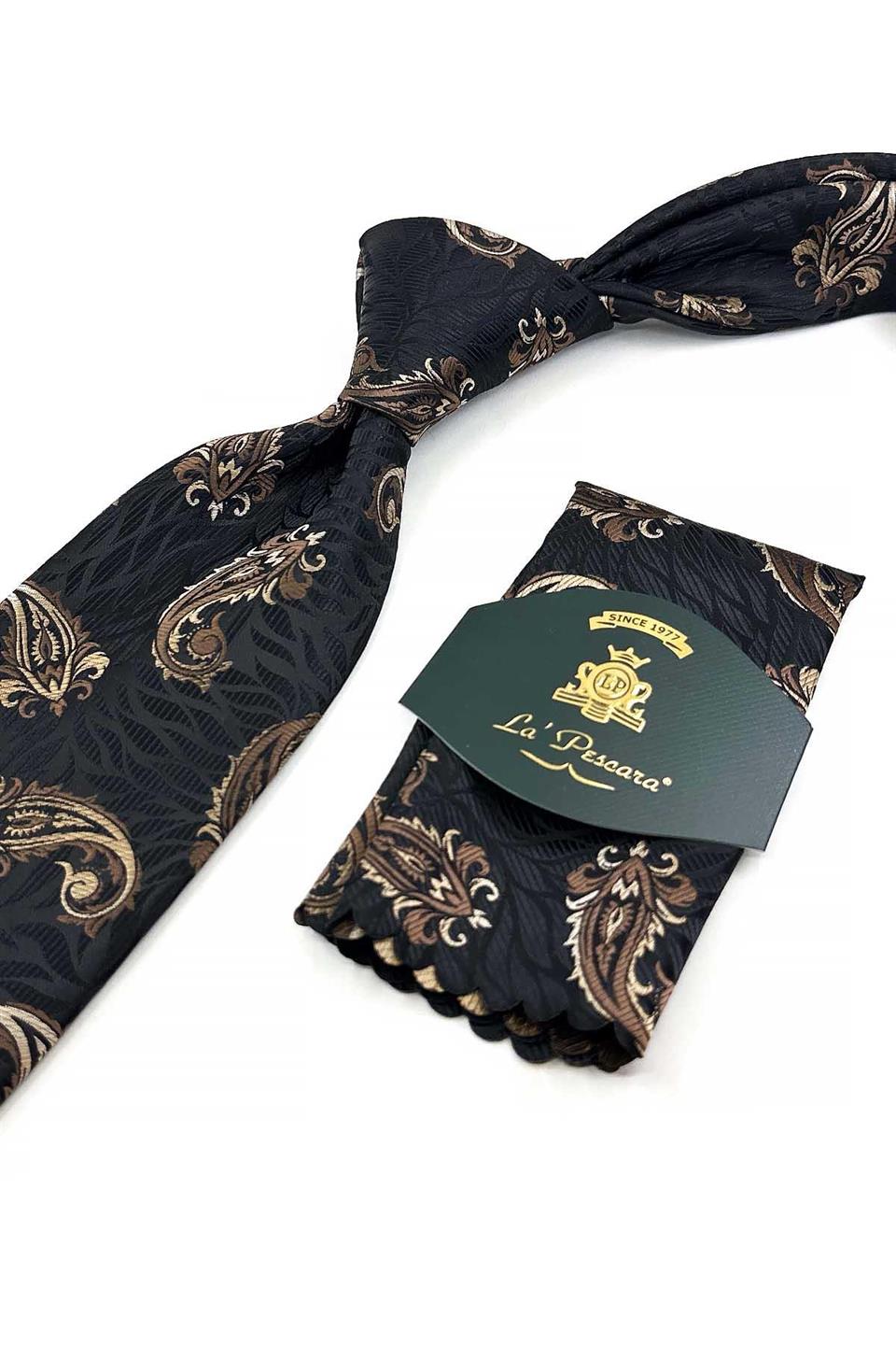 Siyah - Kahve Şal Desen Mendilli Klasik Kravat KK13304