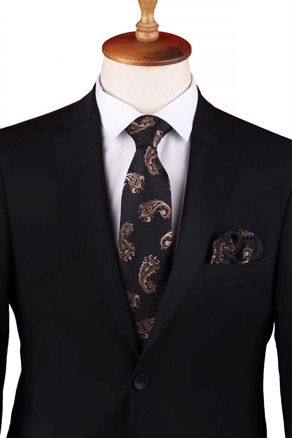 Siyah - Kahve Şal Desen Mendilli Klasik Kravat KK13304