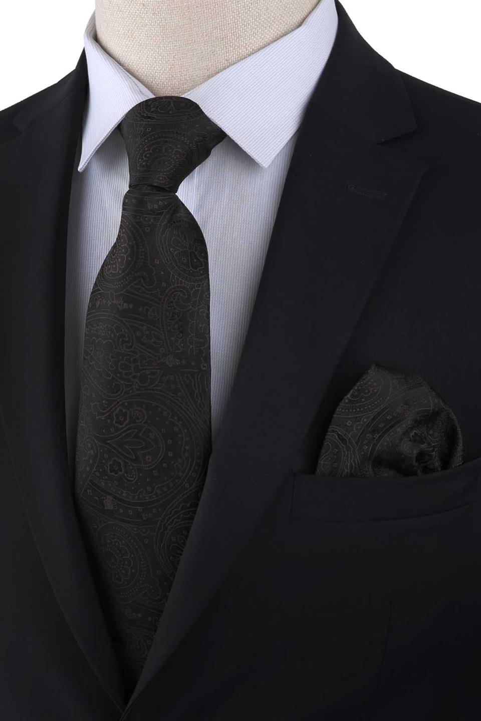 Siyah - Kahve Şal Desen Mendilli Klasik Kravat KK13304