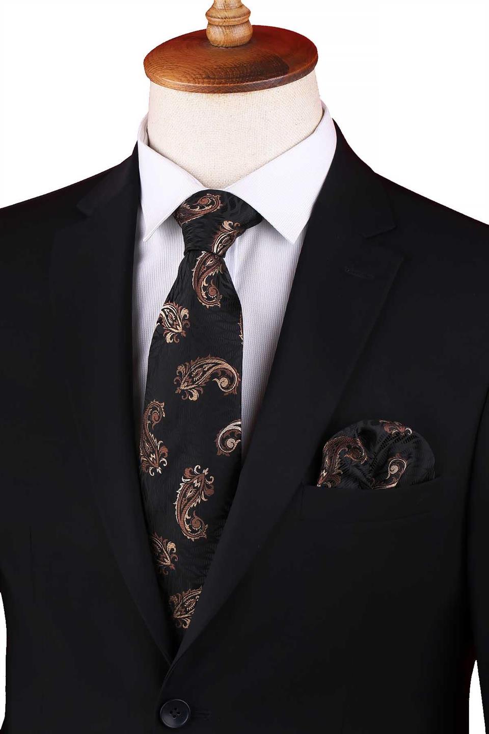 Siyah - Kahve Şal Desen Mendilli Klasik Kravat KK13304