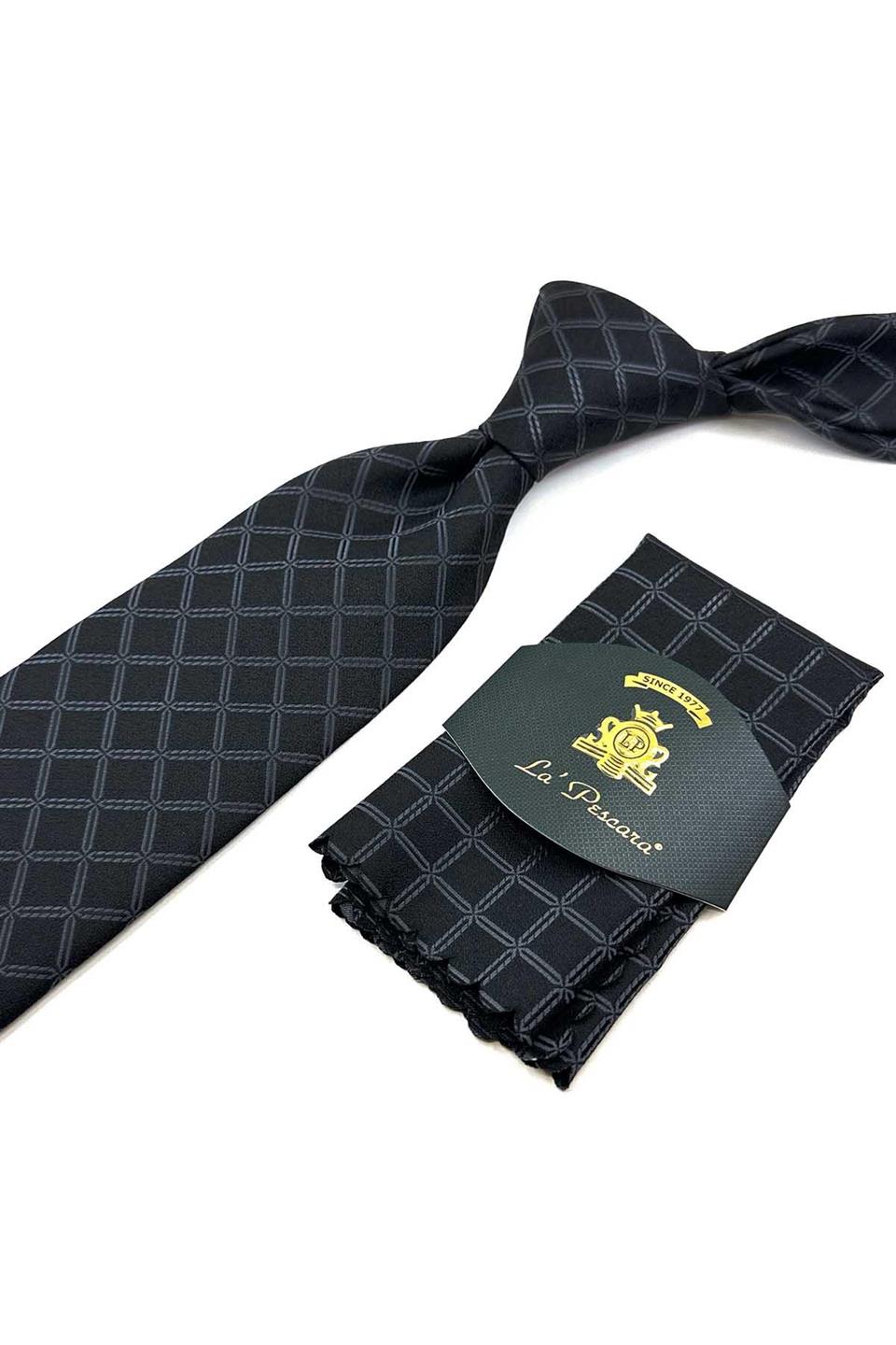 Siyah Kare Desen Mendilli Klasik Kravat KK12471