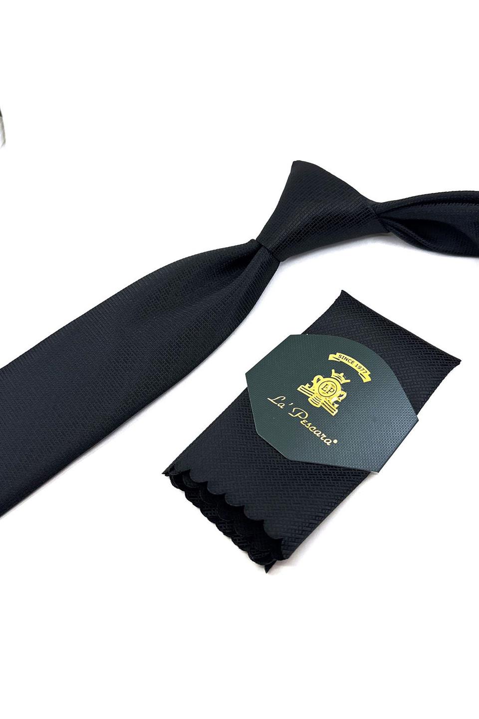 Siyah Kendinden Desen Mendilli Klasik Kravat KK11415