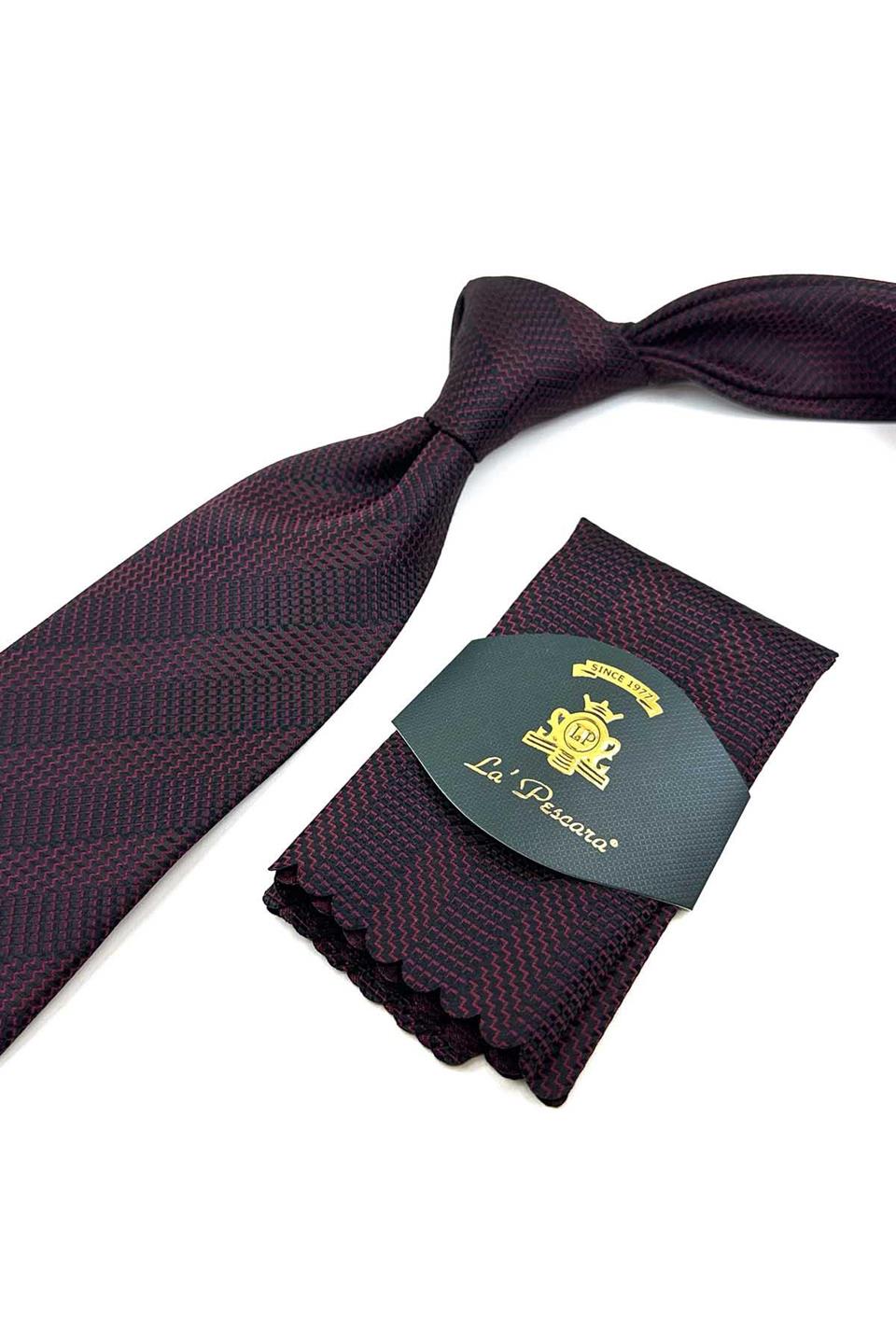 Siyah - Kırmızı Çizgi Desen Mendilli Klasik Kravat KK12429