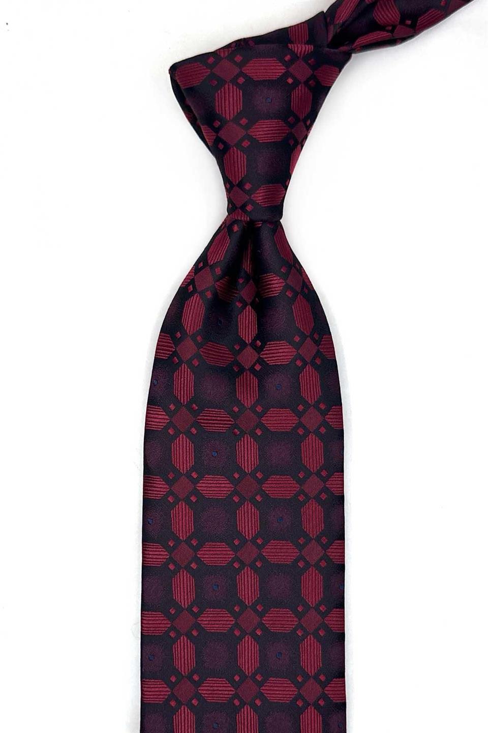 Siyah - Kırmızı Motif Desen Mendilli Klasik Kravat KK13601