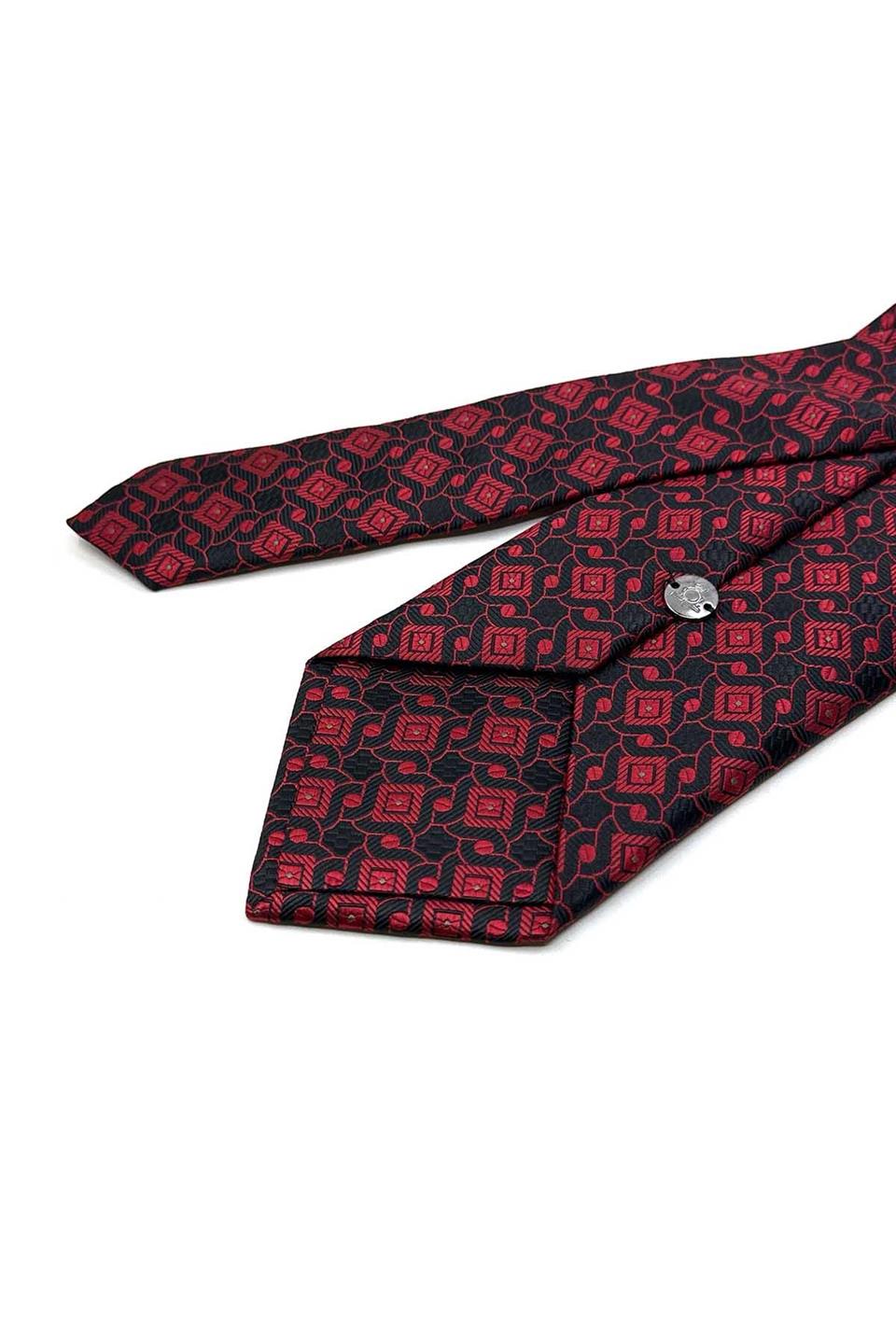 Siyah - Kırmızı Motif Desen Mendilli Klasik Kravat KK13444