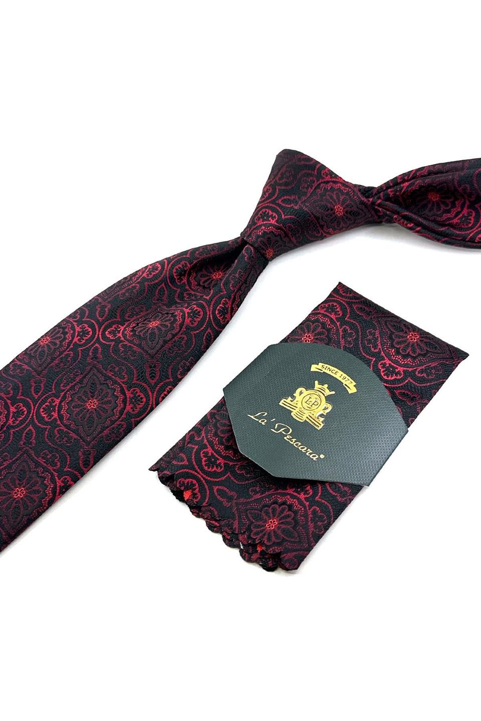 Siyah - Kırmızı Motif Desen Mendilli Klasik Kravat KK11979