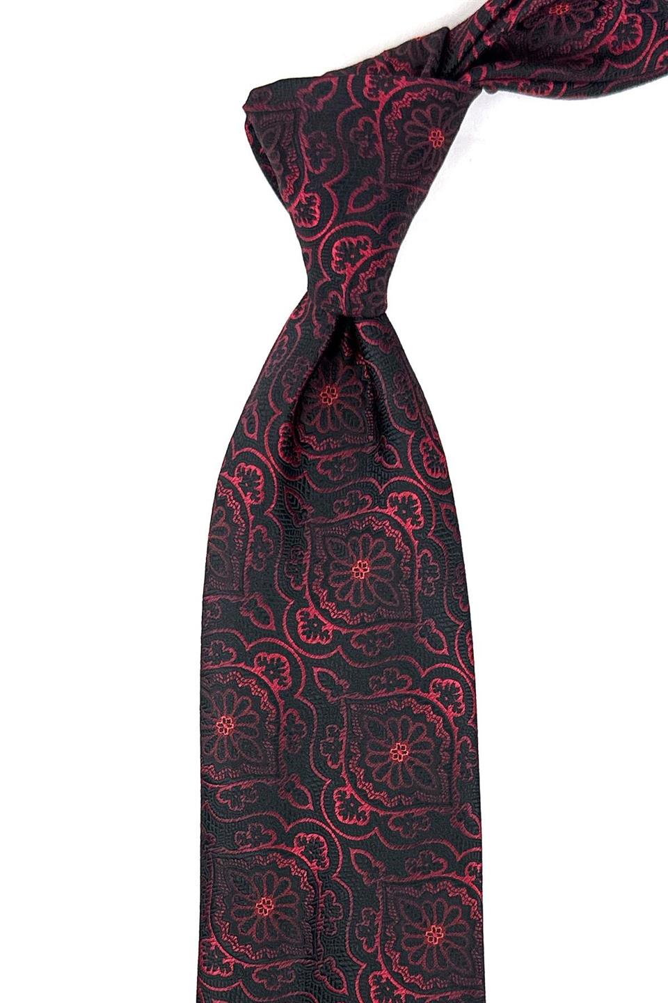 Siyah - Kırmızı Motif Desen Mendilli Klasik Kravat KK11979