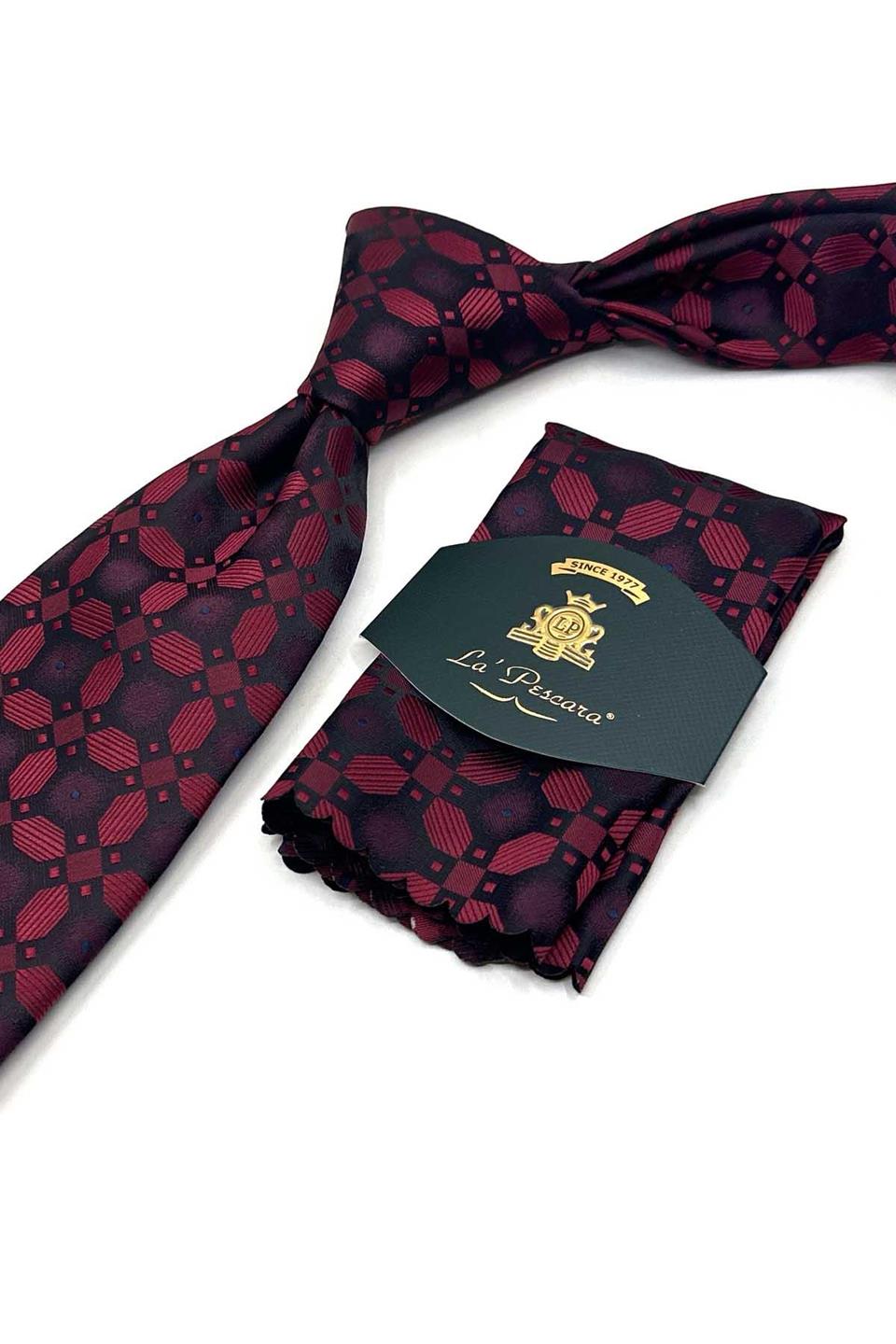 Siyah - Kırmızı Motif Desen Mendilli Klasik Kravat KK13601