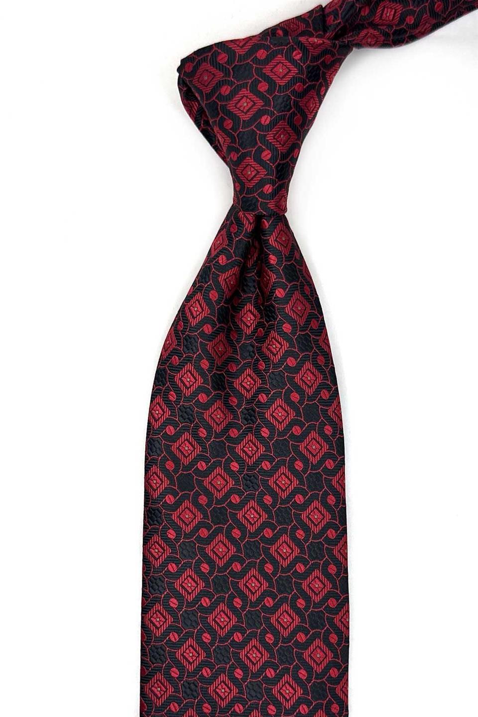 Siyah - Kırmızı Motif Desen Mendilli Klasik Kravat KK13444
