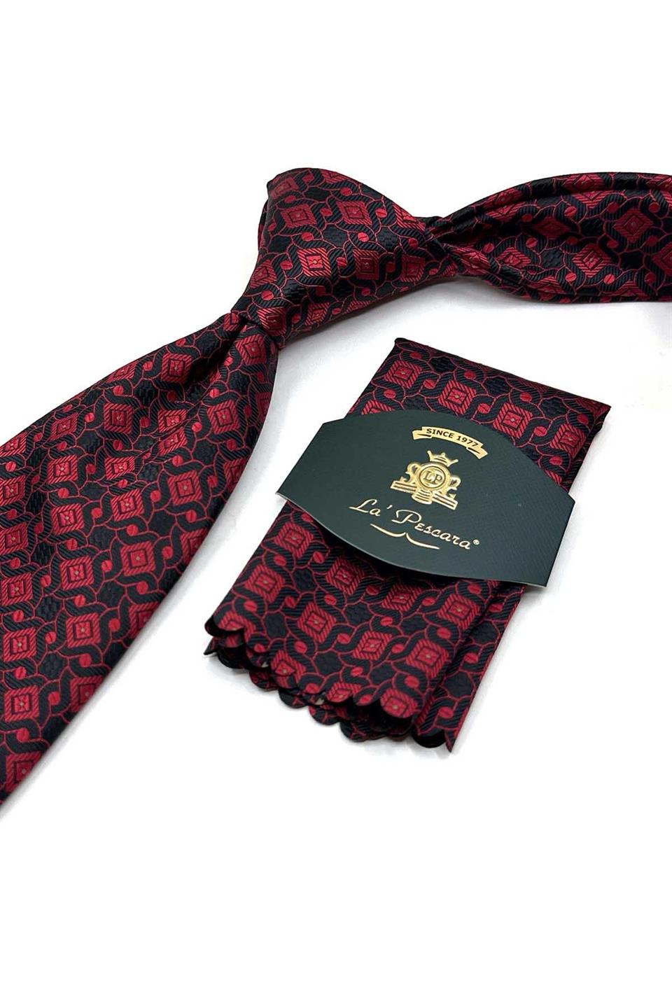 Siyah - Kırmızı Motif Desen Mendilli Klasik Kravat KK13444