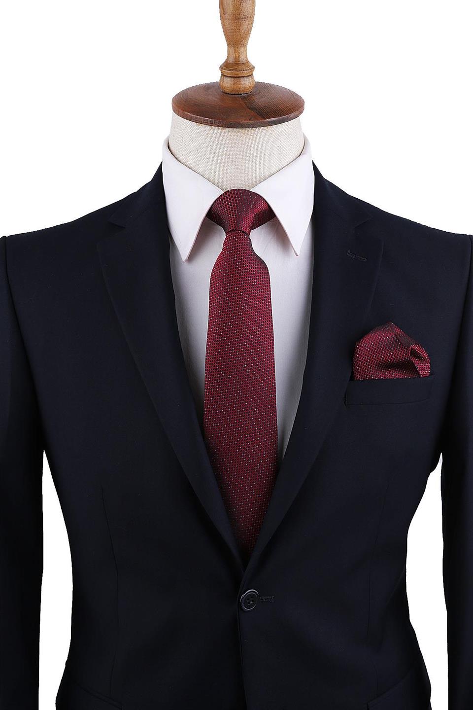 Siyah - Kırmızı Nokta Desen Mendilli Klasik Kravat KK10283