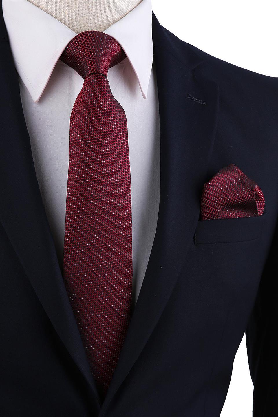Siyah - Kırmızı Nokta Desen Mendilli Klasik Kravat KK10283