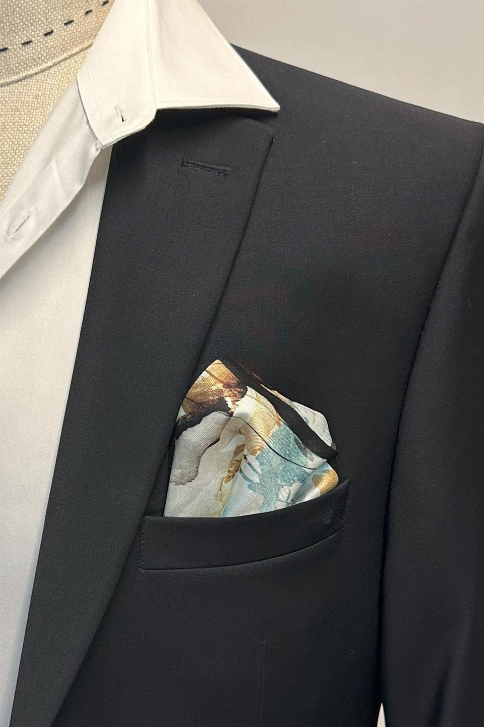 Siyah - Krem Motif Desen Erkek Cep Mendili SPS622-102