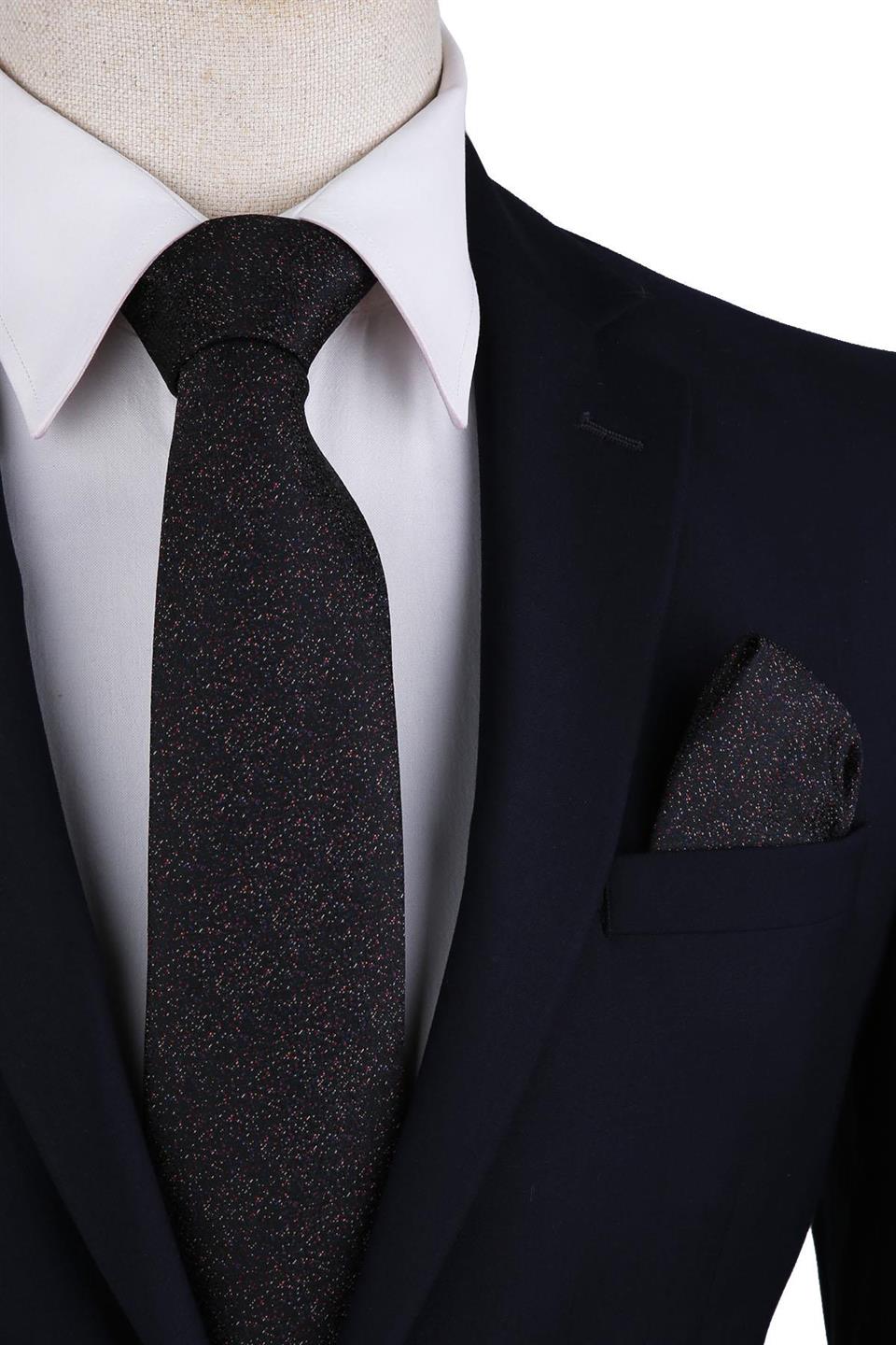 Siyah Kum Desen Mendilli Klasik Kravat KK10405