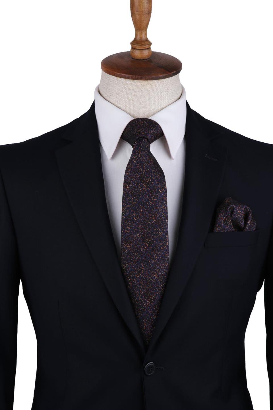 Siyah Kum Desen Mendilli Klasik Kravat KK10408