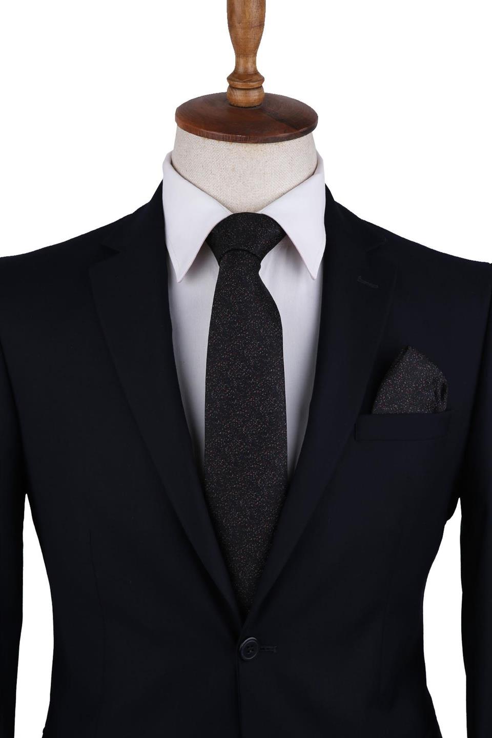 Siyah Kum Desen Mendilli Klasik Kravat KK10405