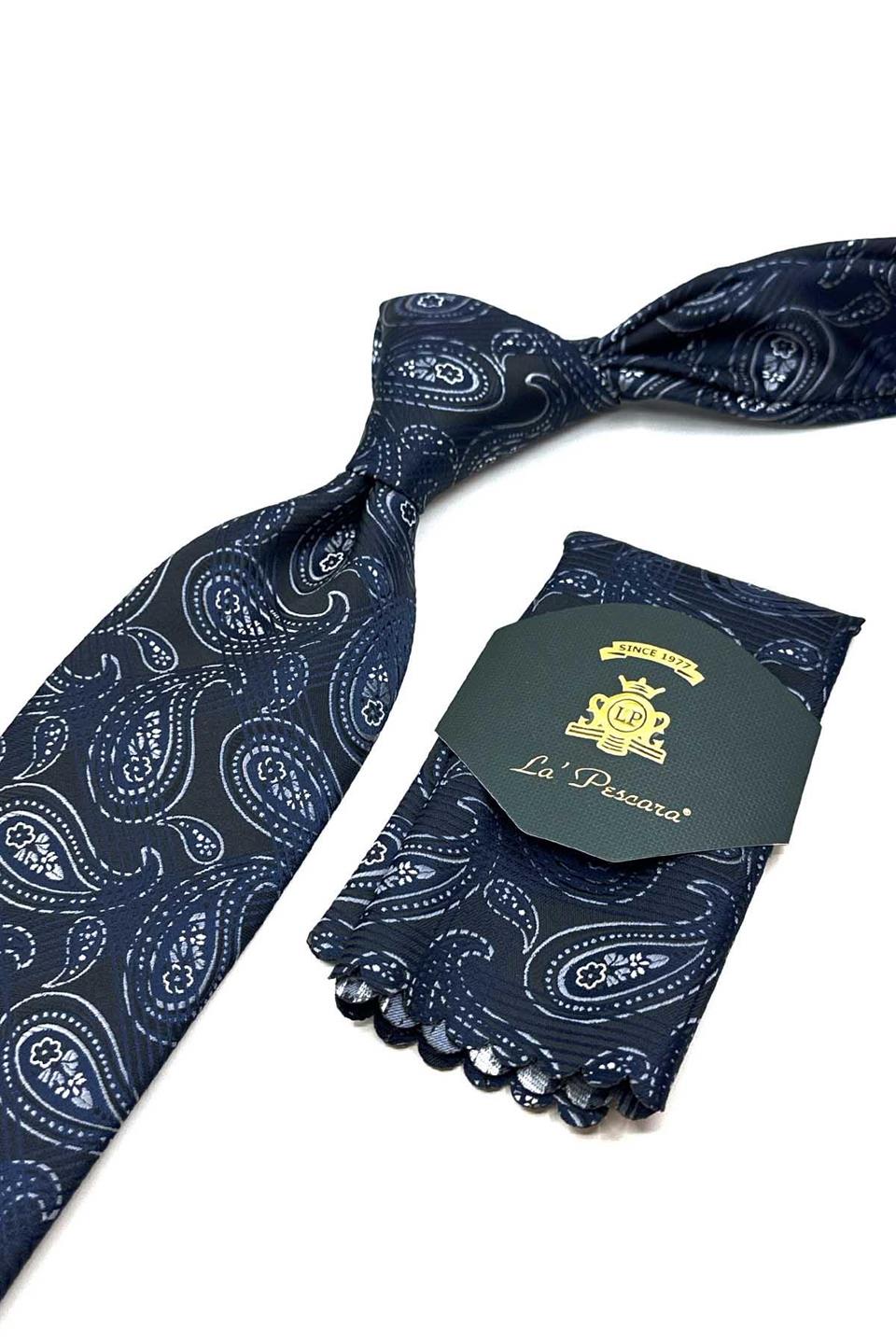 Siyah - Lacivert Şal Desen Mendilli Klasik Kravat KK13008