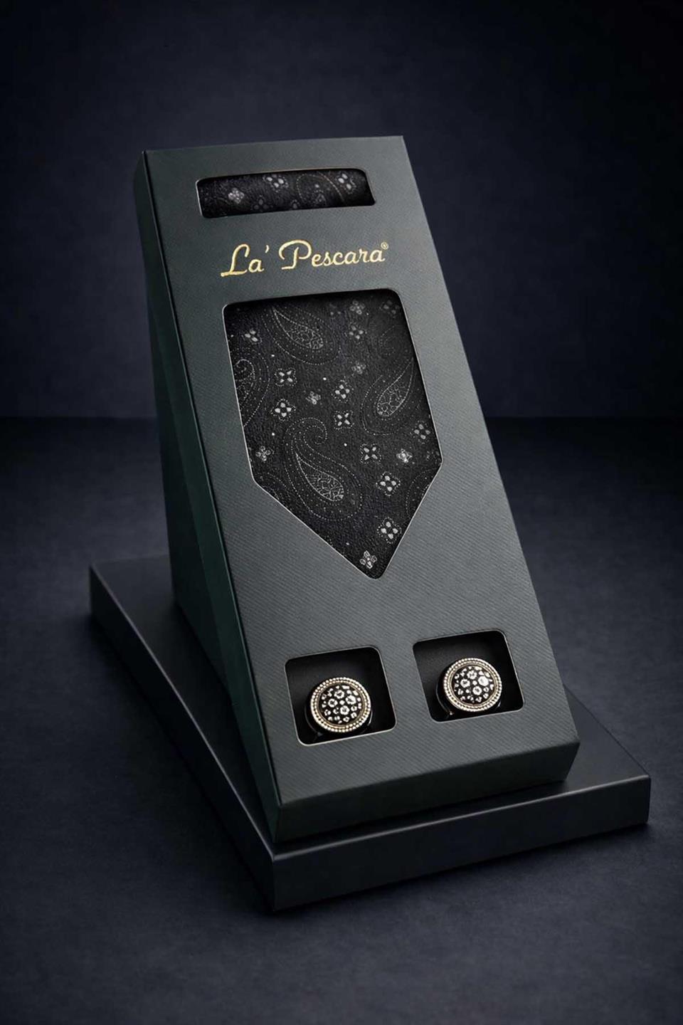 Siyah Mendilli Klasik Kravat Kol Düğmesi Erkek Hediye Seti OS620