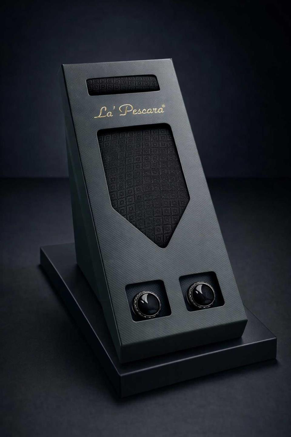 Siyah Mendilli Klasik Kravat Kol Düğmesi Erkek Hediye Seti OS599