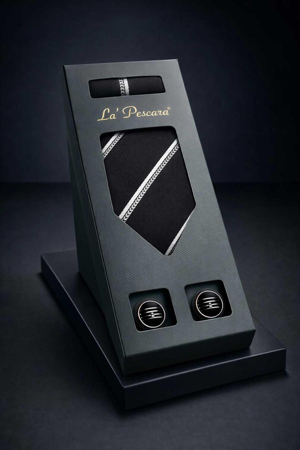 Siyah Mendilli Klasik Kravat Kol Düğmesi Erkek Hediye Seti OS602