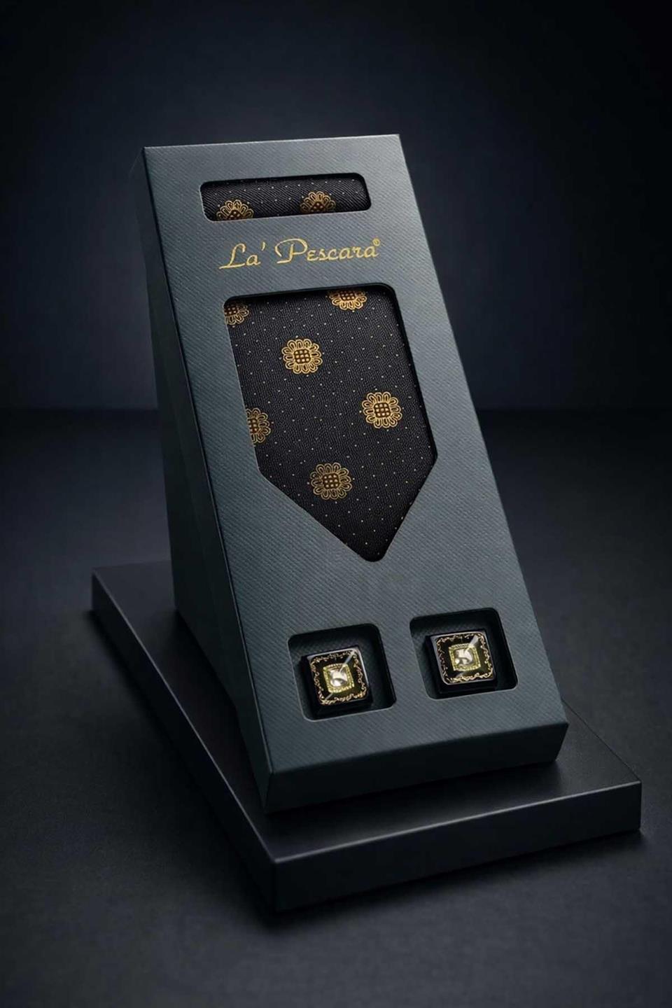 Siyah Mendilli Klasik Kravat Kol Düğmesi Erkek Hediye Seti OS592