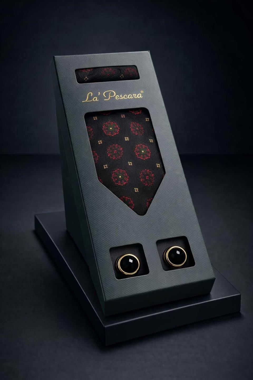 Siyah Mendilli Klasik Kravat Kol Düğmesi Erkek Hediye Seti OS595