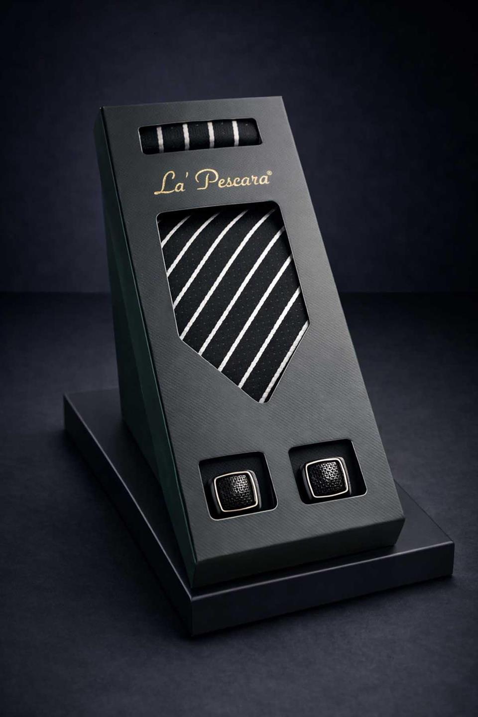 Siyah Mendilli Klasik Kravat Kol Düğmesi Erkek Hediye Seti OS617