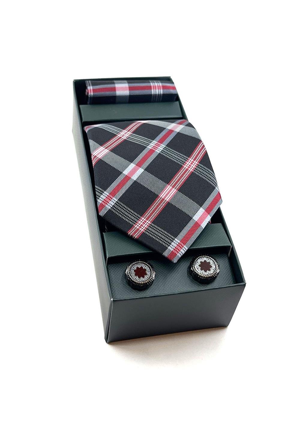 Siyah Mendilli Kravat Bordo Kol Düğmesi Hediye Seti OS549