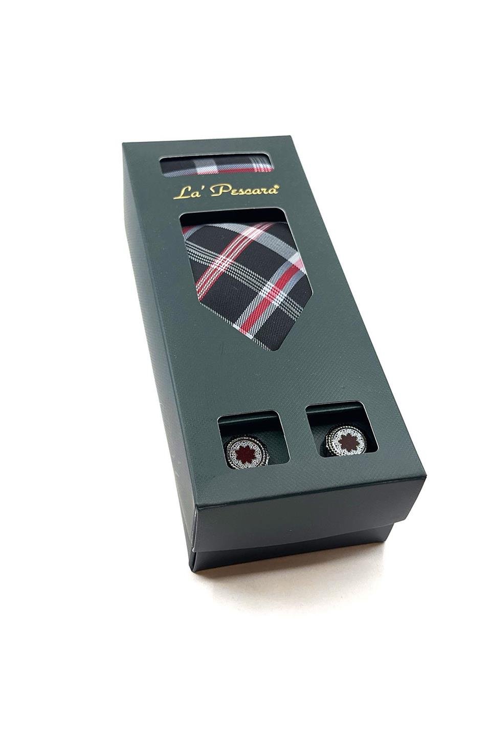 Siyah Mendilli Kravat Bordo Kol Düğmesi Hediye Seti OS549