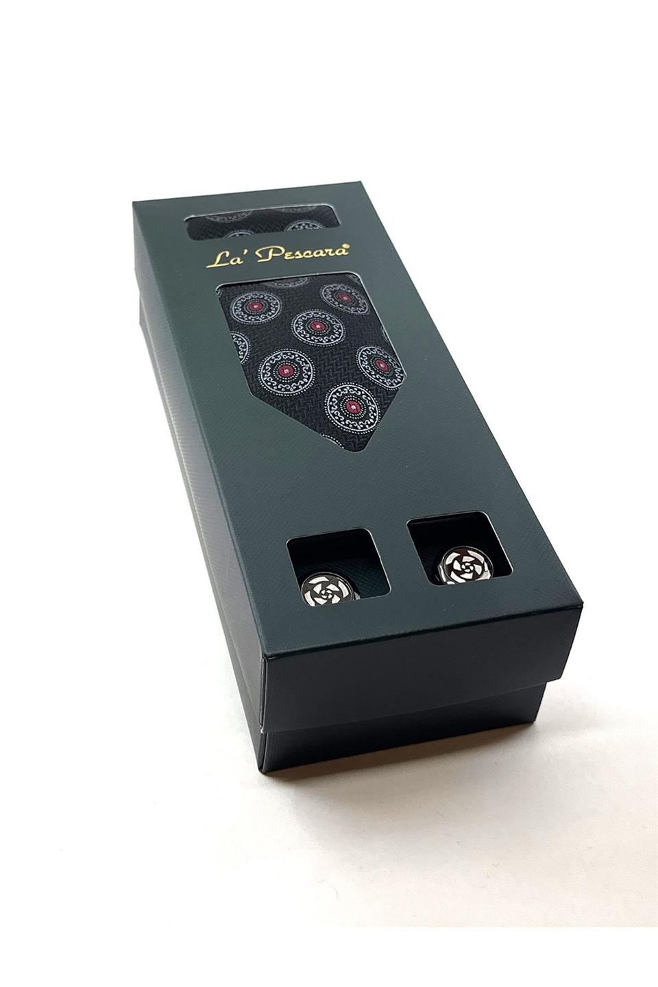 Siyah Mendilli Kravat Gri - Siyah Kol Düğmesi OS474