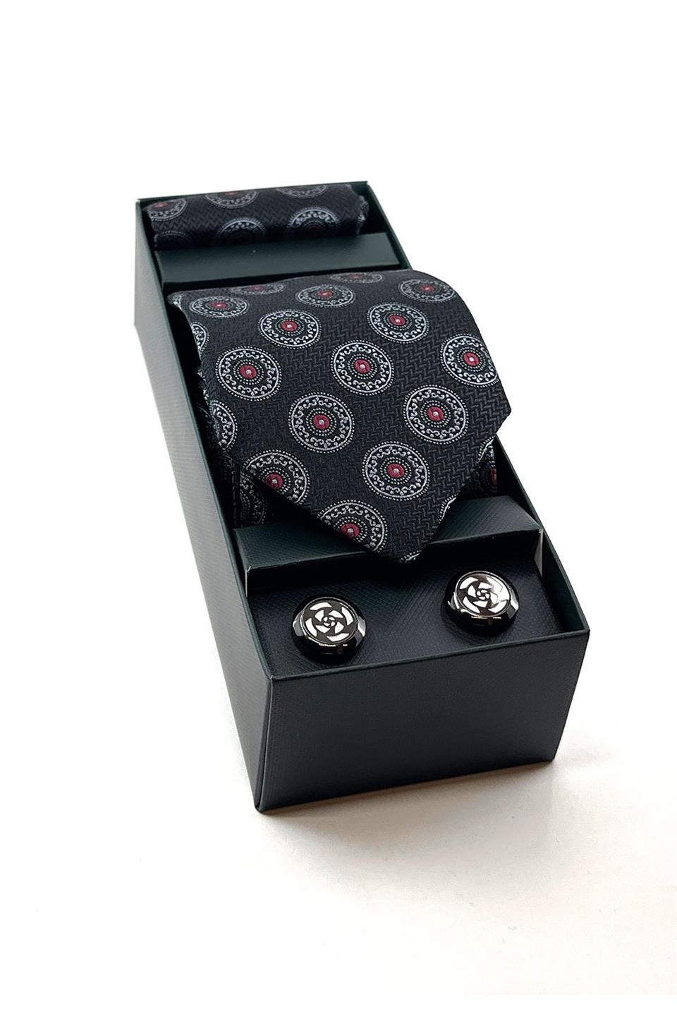 Siyah Mendilli Kravat Gri - Siyah Kol Düğmesi OS474