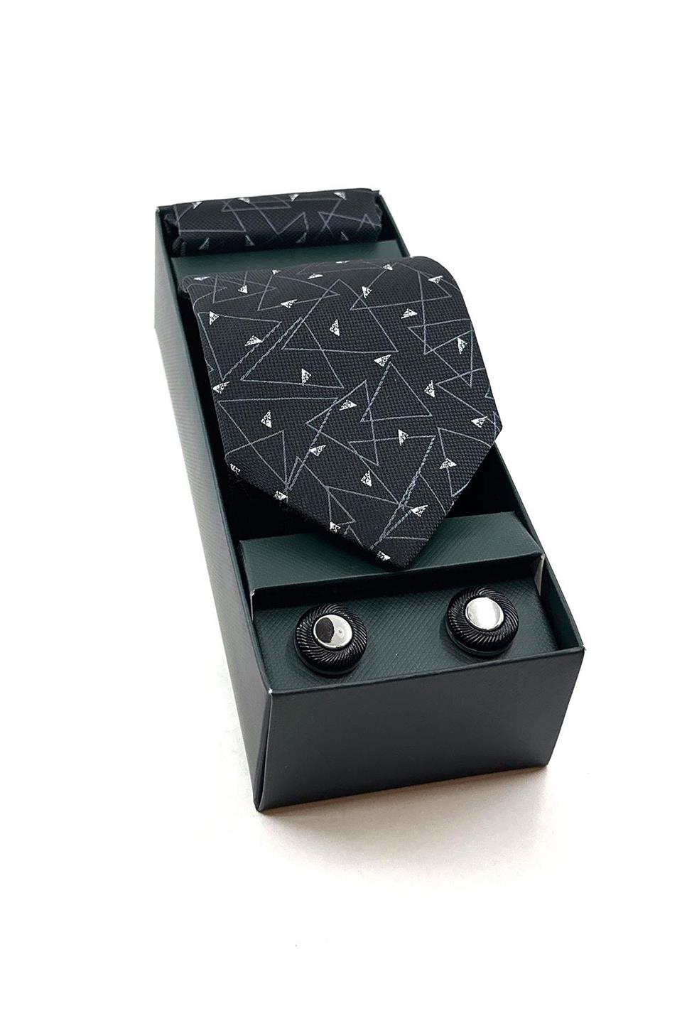 Siyah Mendilli Kravat Siyah - Gri Kol Düğmesi Hediye Seti OS522