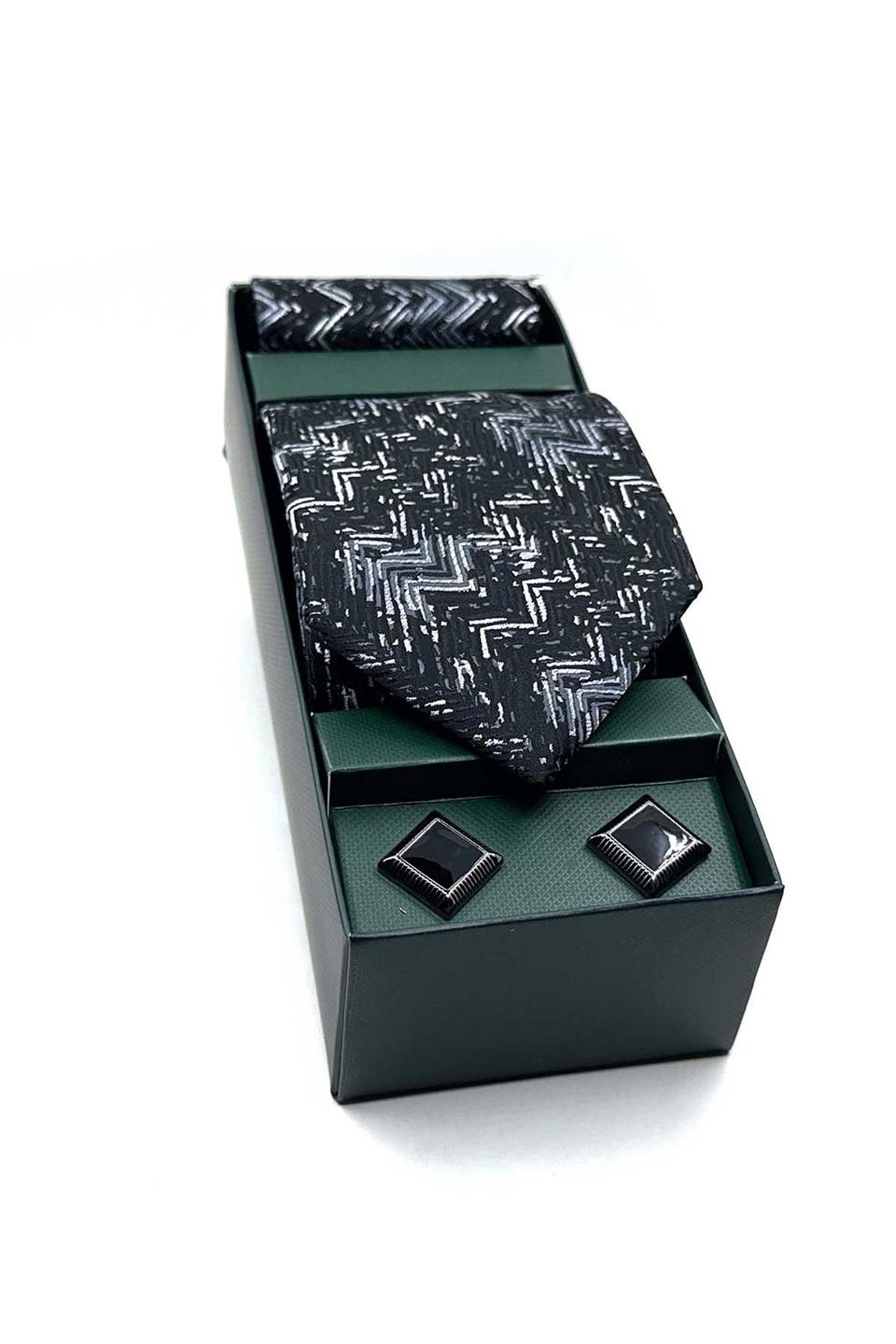 Siyah Mendilli Kravat Siyah Kol Düğmesi Hediye Seti OS583