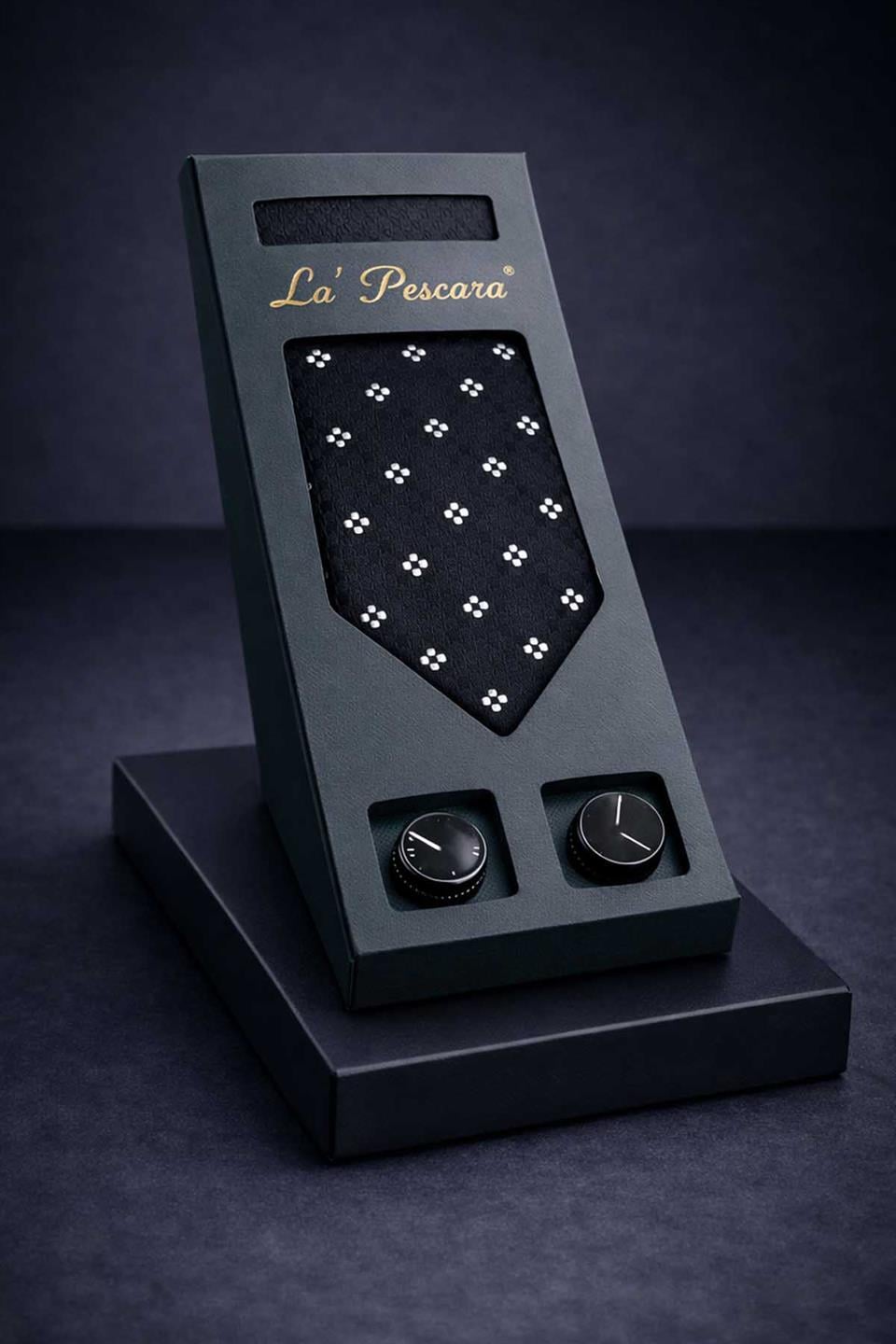 Siyah Mendilli Kravat Siyah Kol Düğmesi Hediye Seti OS580