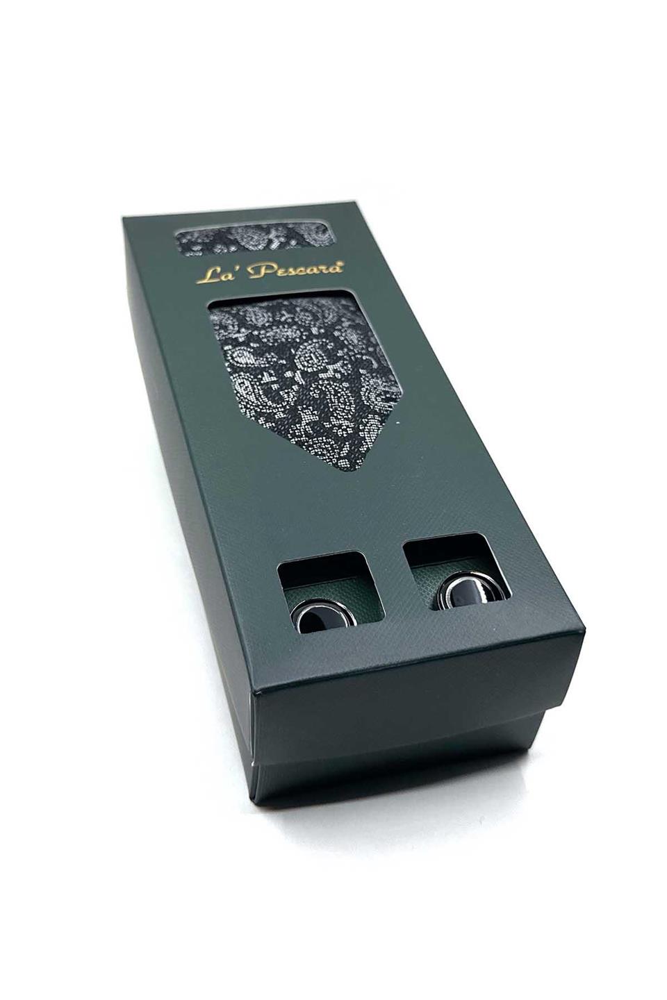 Siyah Mendilli Kravat Siyah Kol Düğmesi Hediye Seti OS591