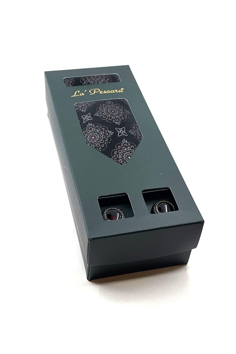 Siyah Mendilli Kravat Siyah Kol Düğmesi Hediye Seti OS493