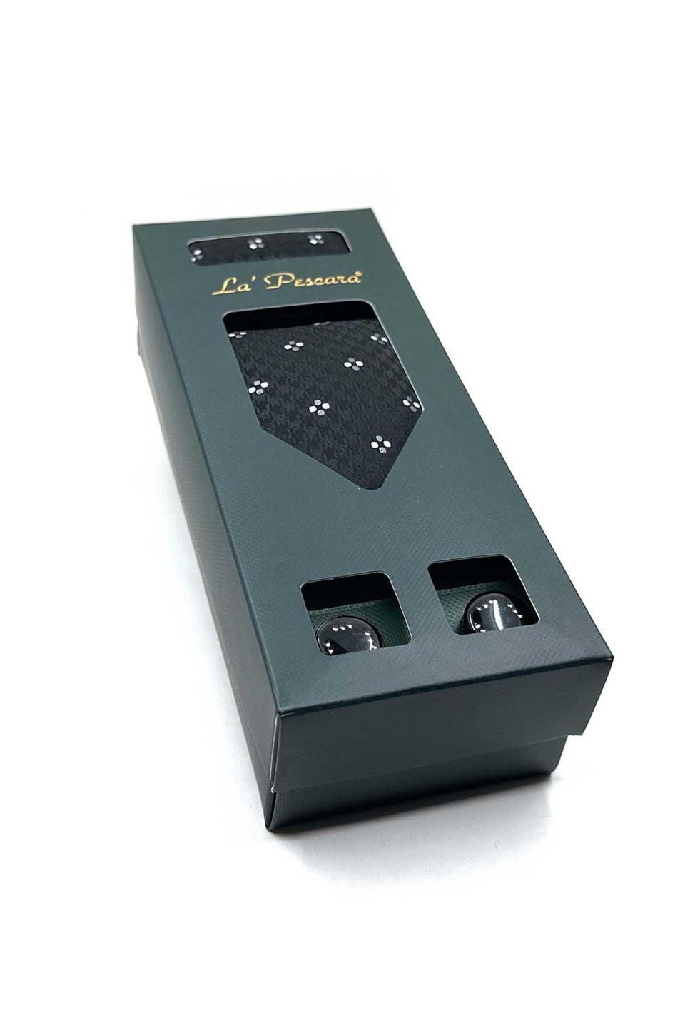 Siyah Mendilli Kravat Siyah Kol Düğmesi Hediye Seti OS580