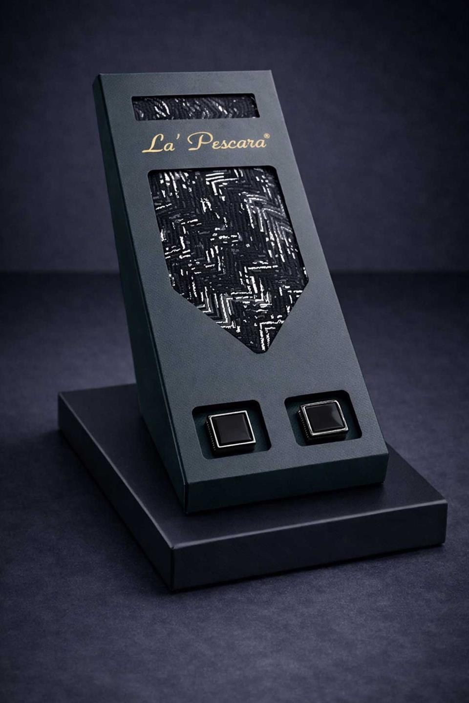 Siyah Mendilli Kravat Siyah Kol Düğmesi Hediye Seti OS583