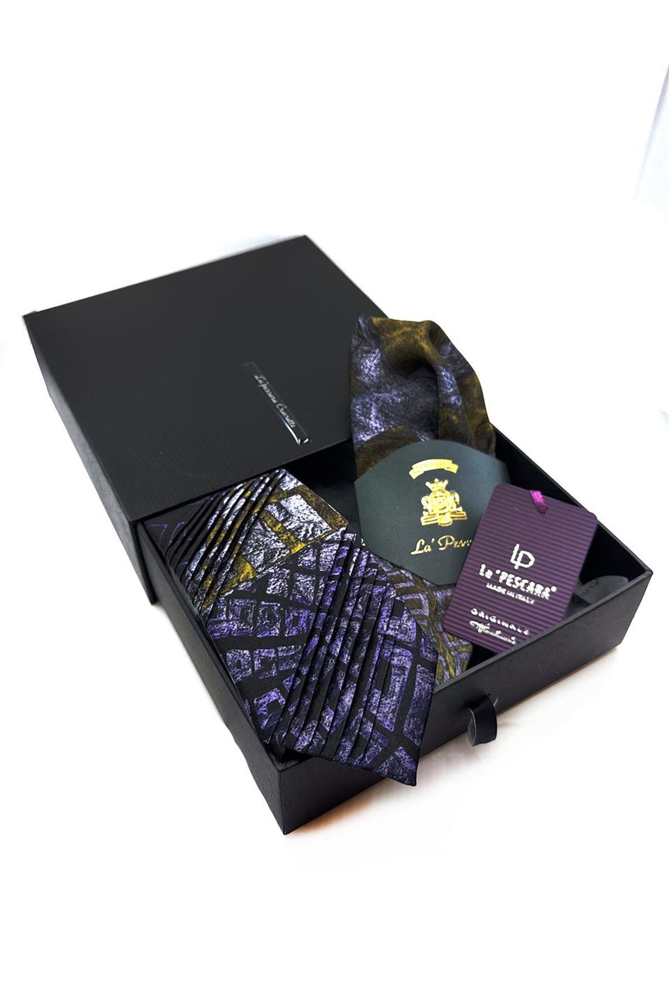 Siyah Motif Desen İtalyan Piliseli İpek Kravat EST169