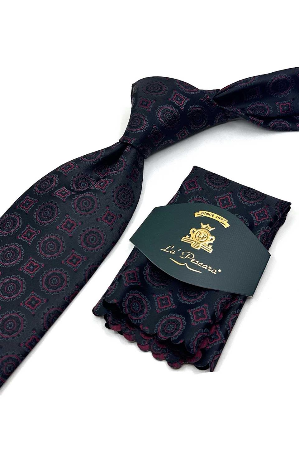 Siyah Motif Desen Mendilli Klasik Kravat KK13578