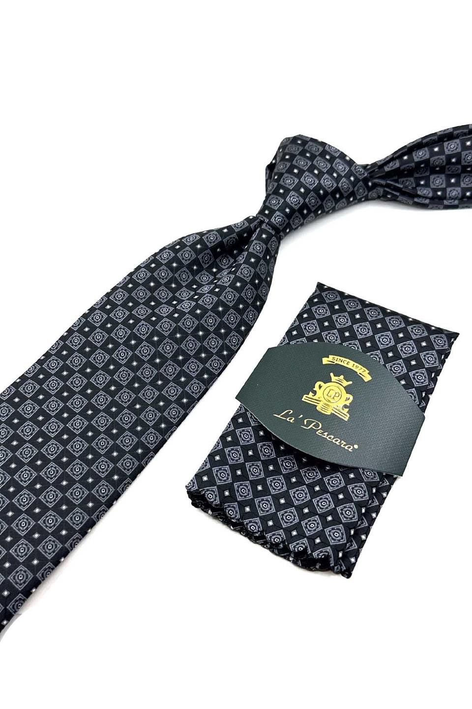 Siyah Motif Desen Mendilli Klasik Kravat KK12604