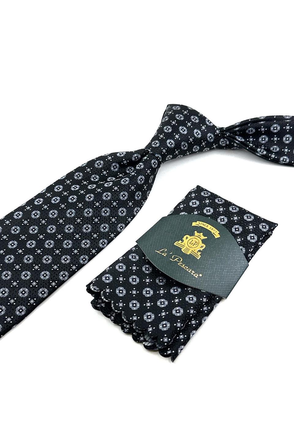 Siyah Motif Desen Mendilli Klasik Kravat KK12069