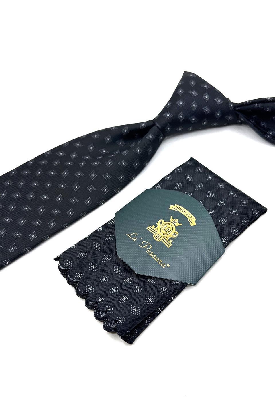 Siyah Motif Desen Mendilli Klasik Kravat KK11553