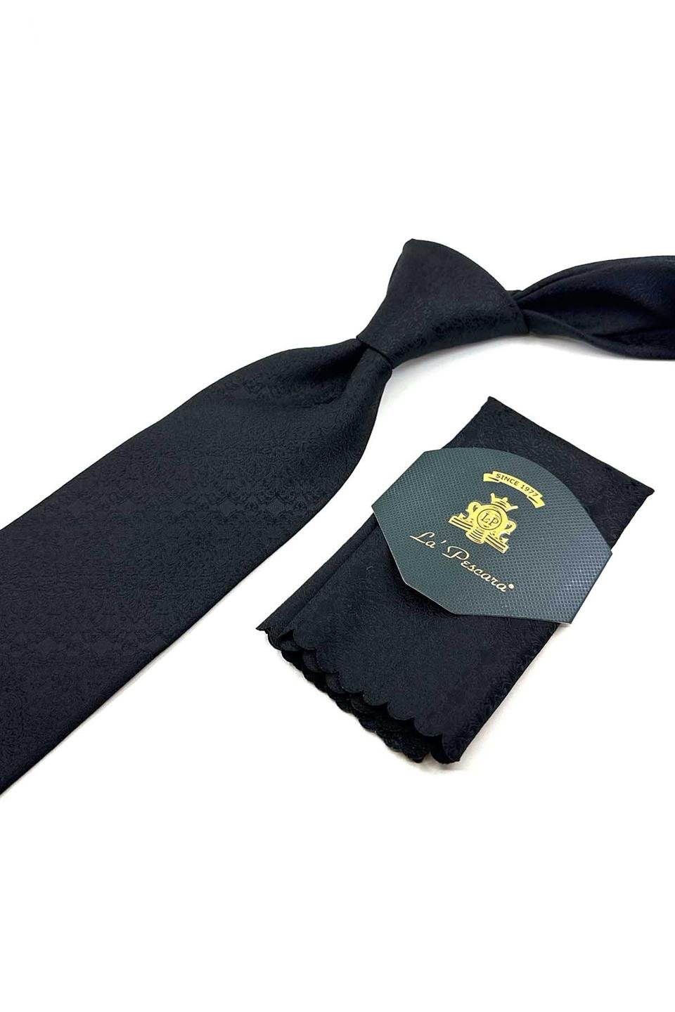 Siyah Motif Desen Mendilli Klasik Kravat KK12428